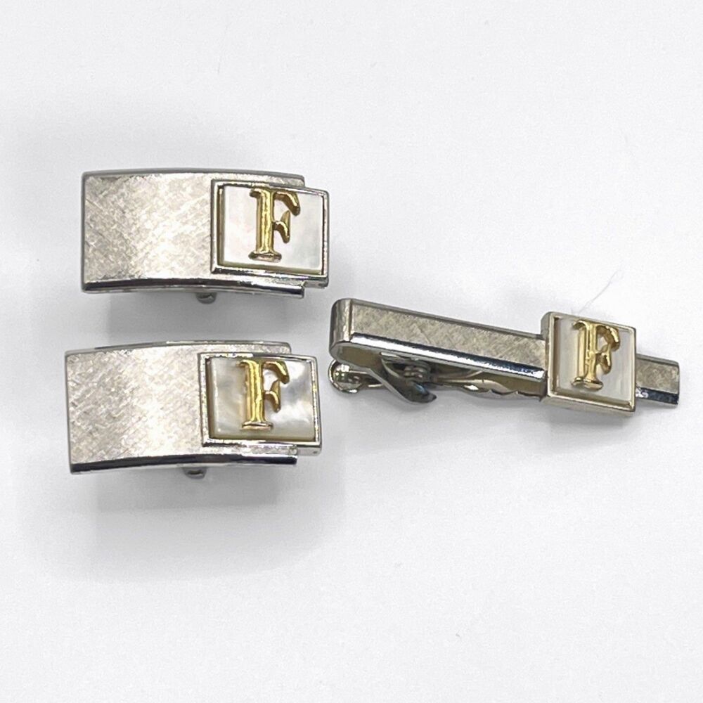 Vintage Swank F Monogram Mother of Pearl Cufflinks Tie Clip Set 2 Tone Initial